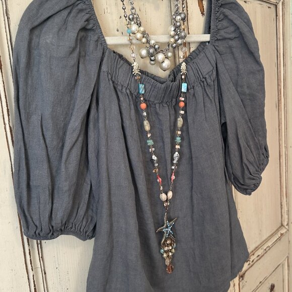 Meo Meli Italian Linen Top • Charcoal Blue • Off-Shoulder / Boatneck • Size L - Picture 4 of 6